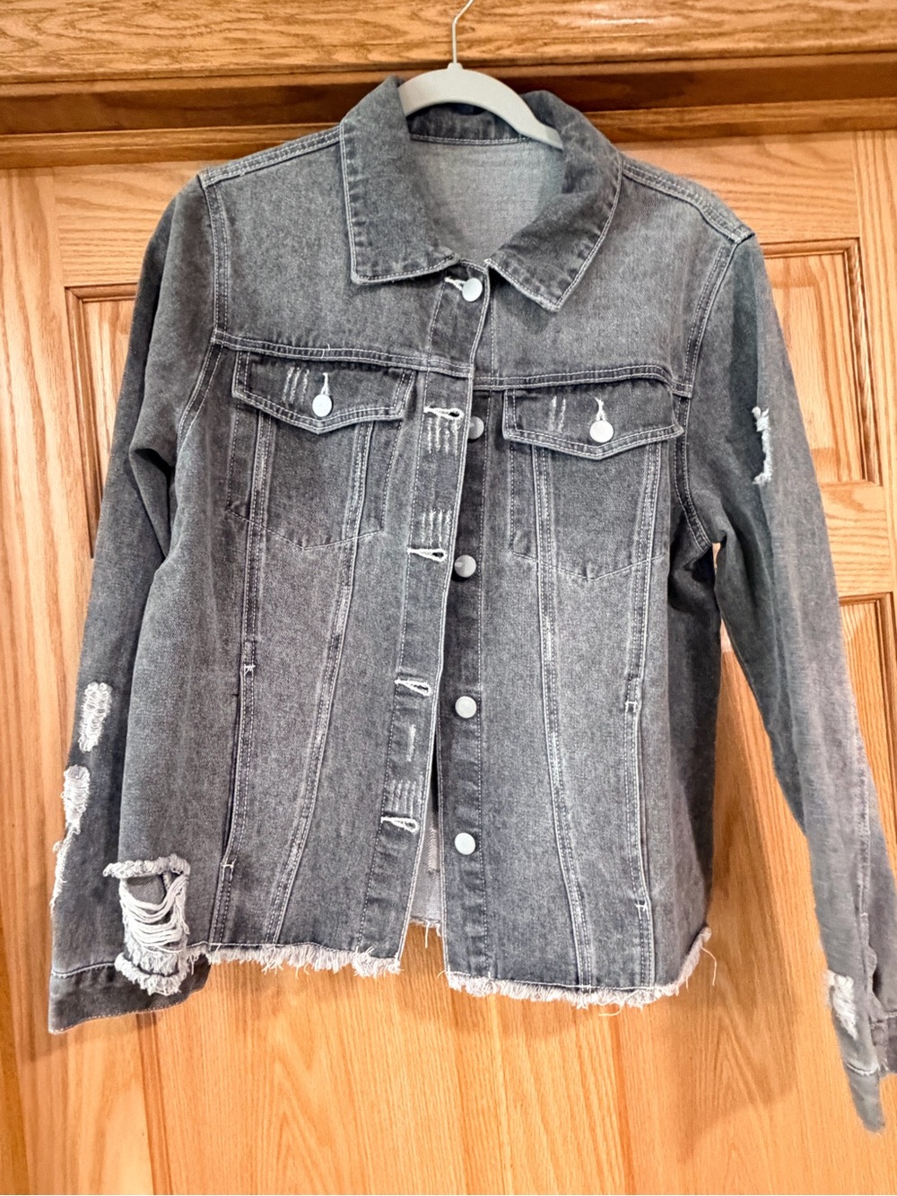 Distressed gray denim jacket raw hem Jean jacket size large